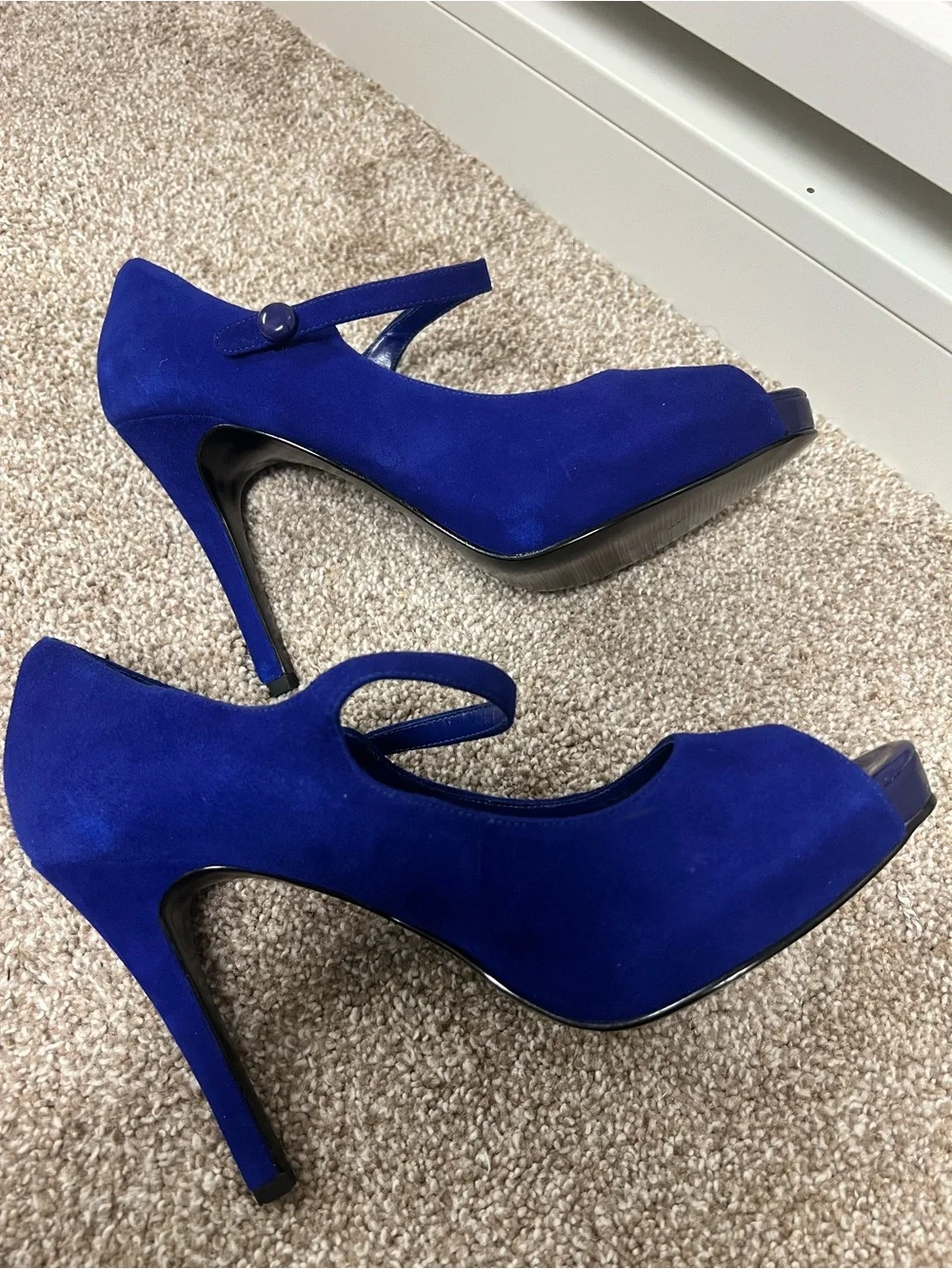 Nine West Royal Blue Suede Peep Toe Mary Jane Heels